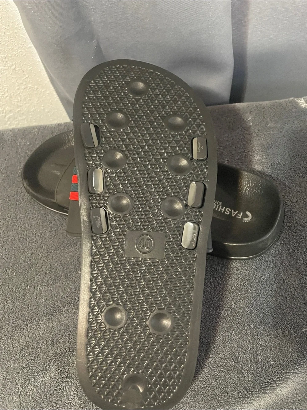 Men's Slip-On Slides with Black Base and Red Stripes NWOT